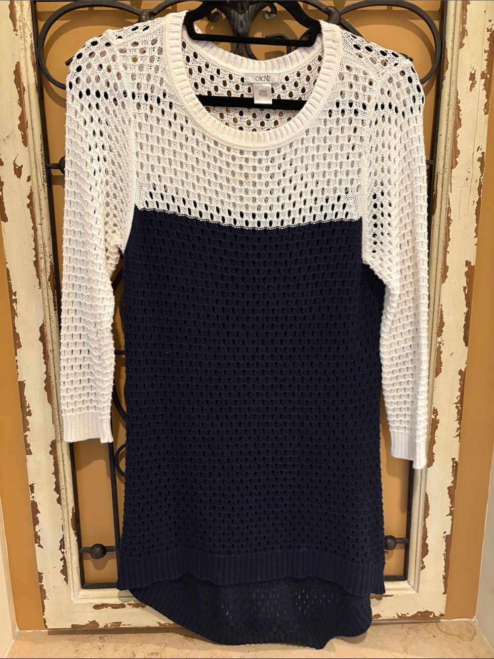 Cache Navy and White Open-Knit Crewneck Sweater